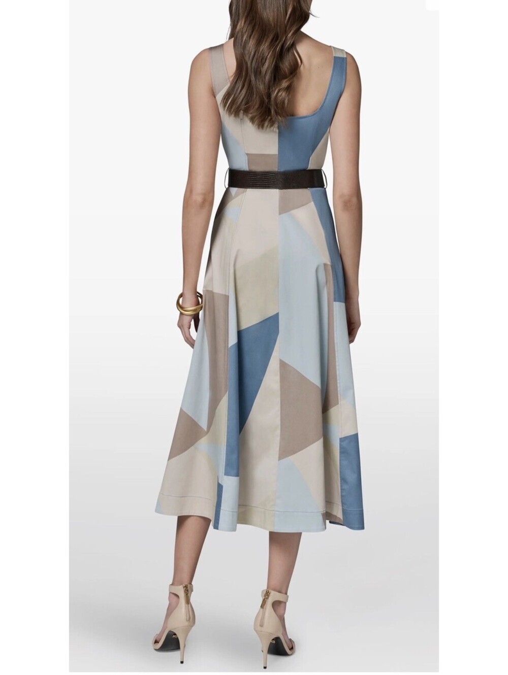 New Donna Karan Abstract Pleated Sleeveless Belted Cotton Dress Sz 14 $189 - Picture 2 of 11